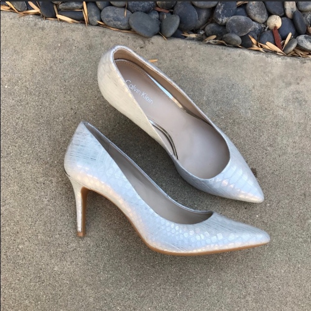 Calvin Klein White/Silver Snakeskin Heels